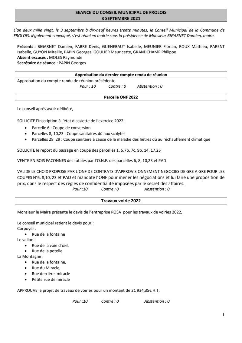 compte rendu du conseil municipal 03/09/2021