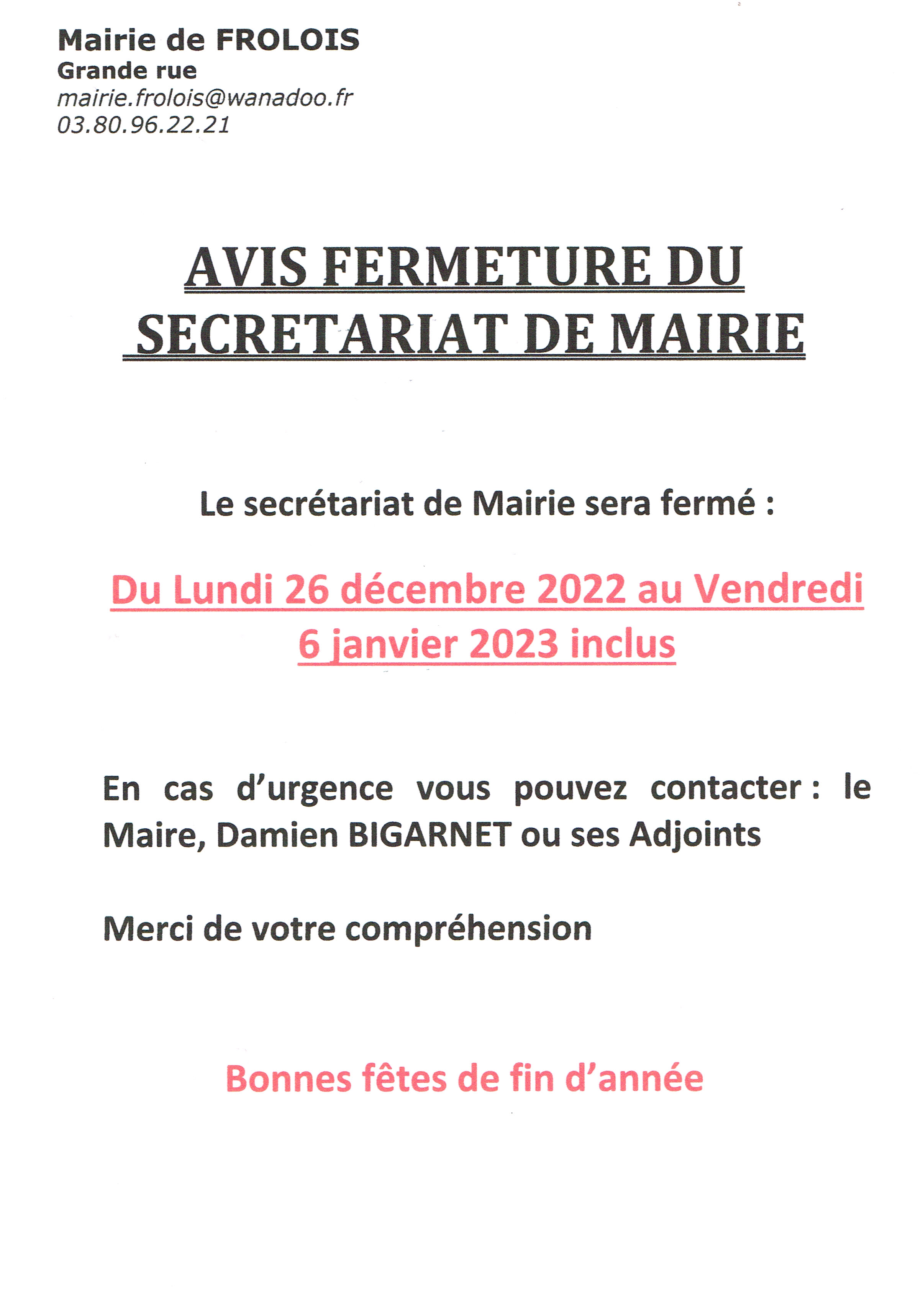 fermeture du secrétariat de mairie