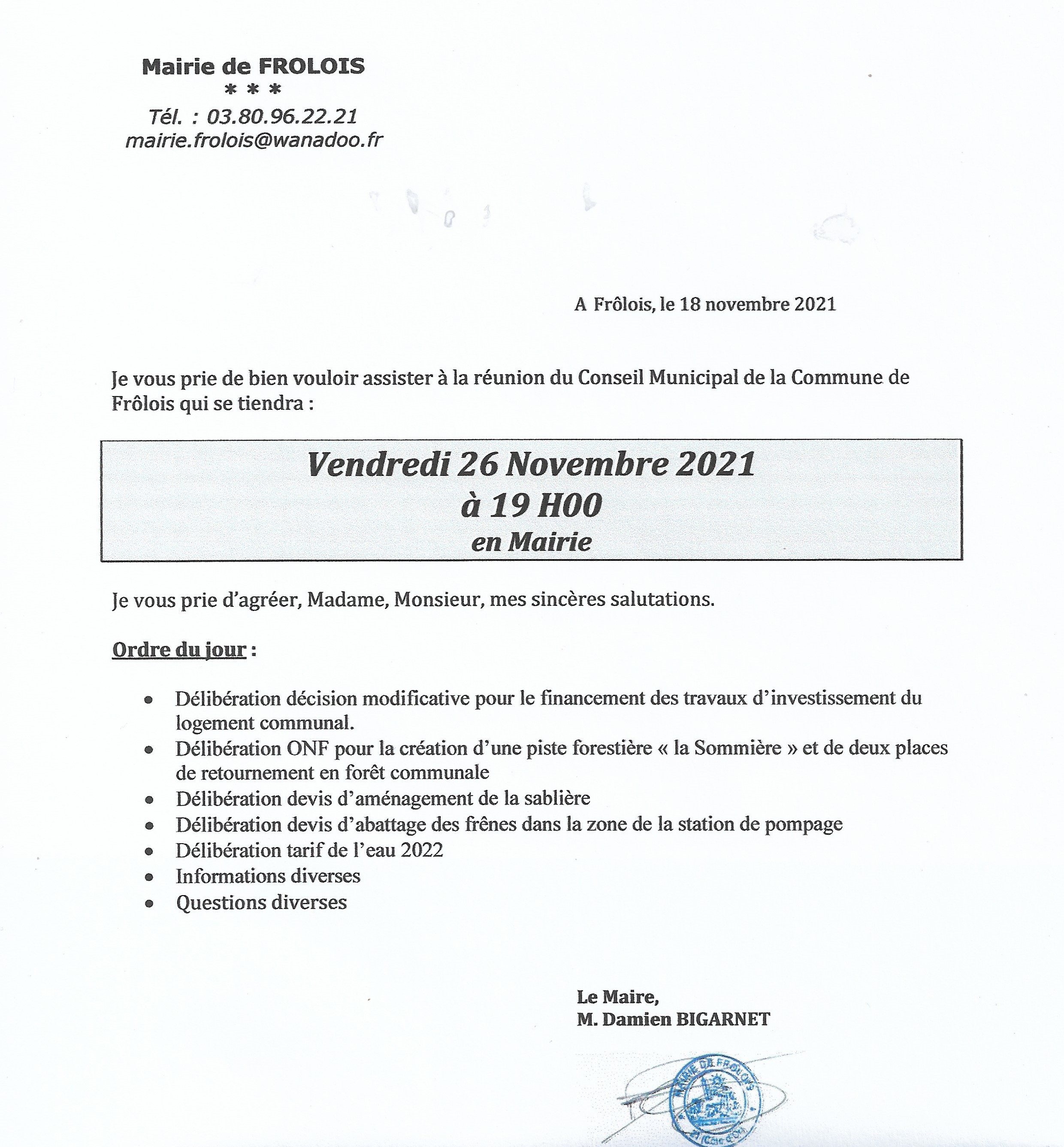 convocation réunion de conseil du26.11.2021