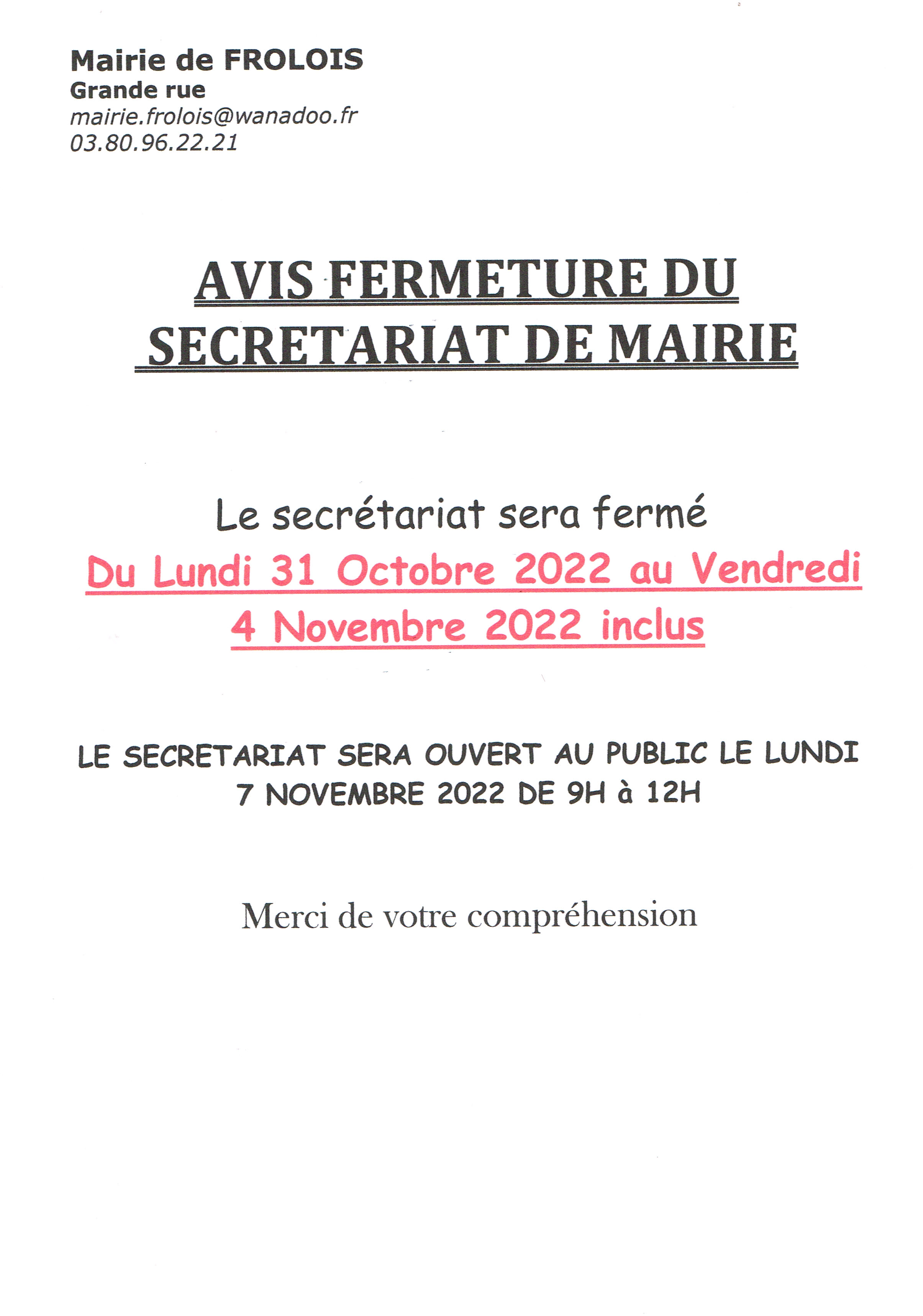 fermeture du secrétariat de mairie