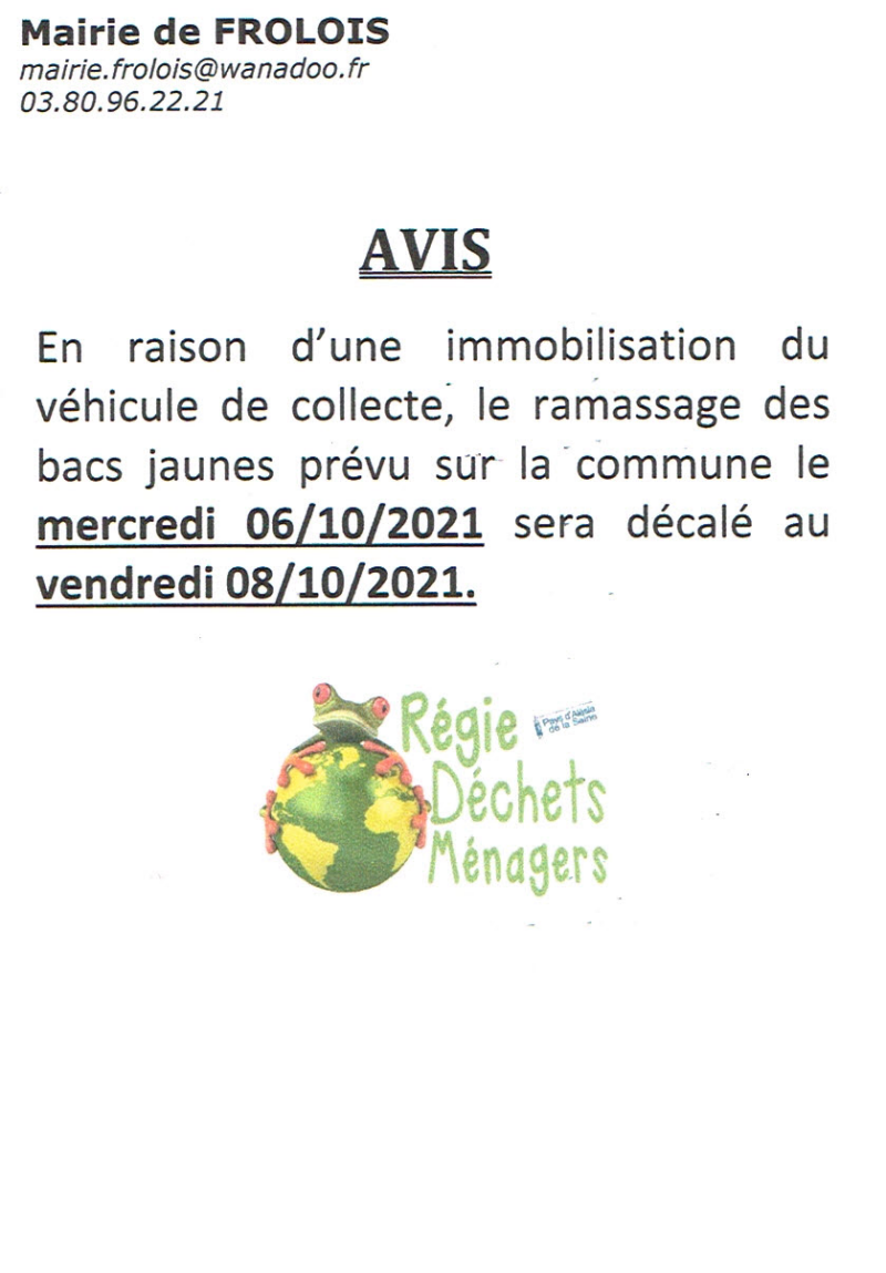 avis pour changement de date pour le ramassage du bac jaune